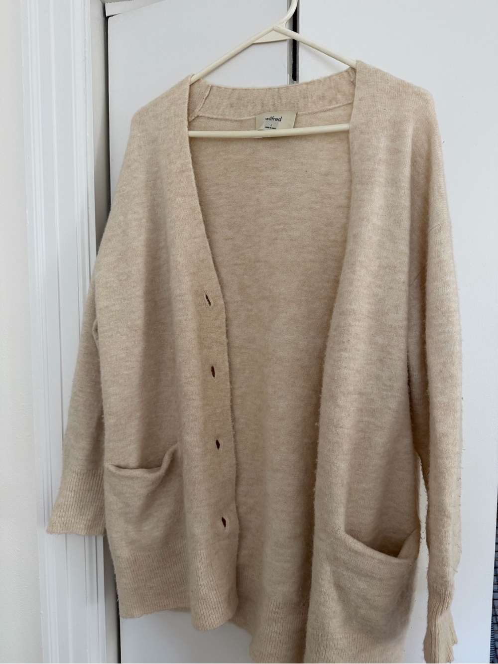 Aritzia Wilfred Beige Open-Front Pocket Cardigan Sweater